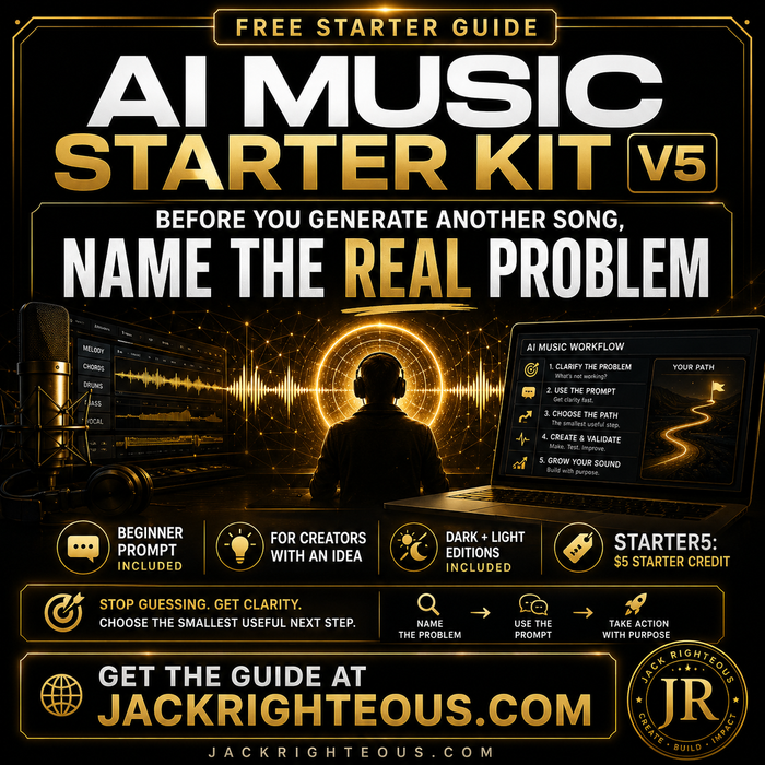 Promotional graphic for AI Music Starter Kit with a silhouette of a person in headphones and digital interfaces.