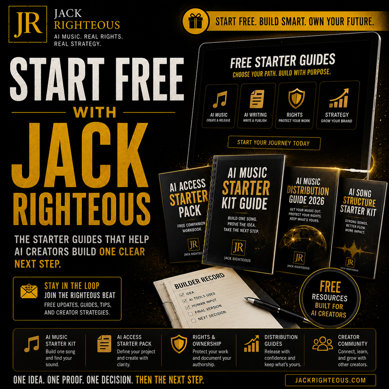 Promotional graphic for Jack Righteous AI services with text and product images on a black background.
