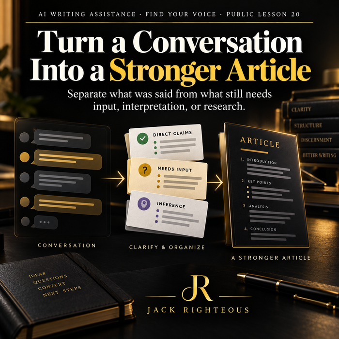 Jack Righteous AI writing lesson cover showing a conversation organized into confirmed claims, missing information and article structure.