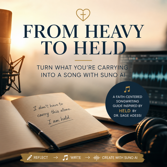 Warm faith-centered songwriting workspace with an open journal, microphone, headphones, and Suno AI music project, promoting a guide inspired by Held by Dr. Sage Adessi.