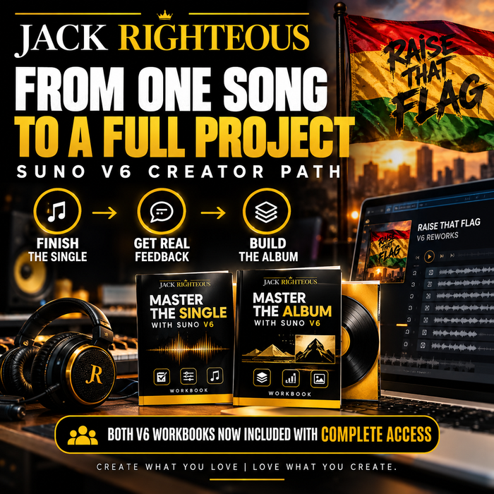Jack Righteous Suno V6 album guide cover about developing a full album from one song and Raise That Flag.