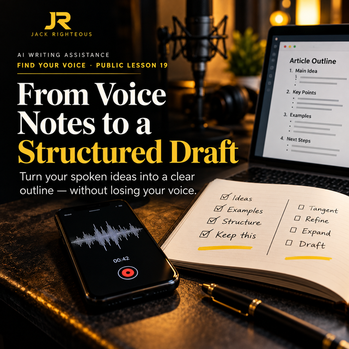Jack Righteous writing lesson cover showing a voice recording transformed into a structured article outline.