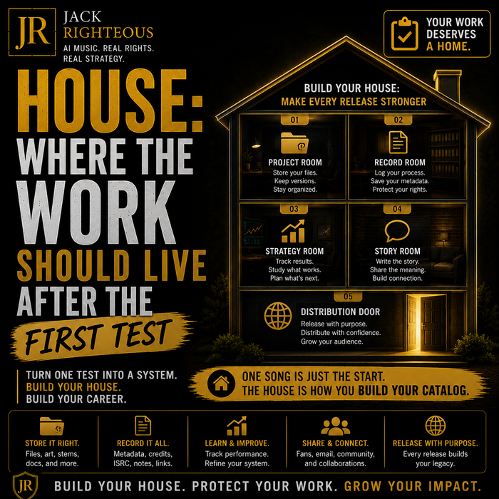 Infographic of a house with labeled rooms and text about music production and career building.