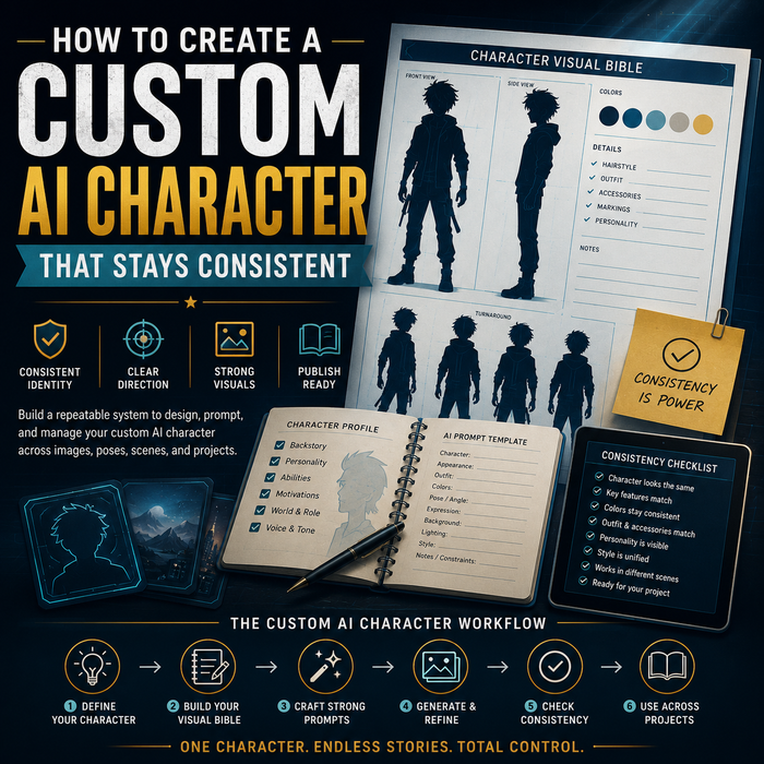 AI character creation workflow showing character records, visual bible planning, consistency checks, publishing files, and reusable creator assets.