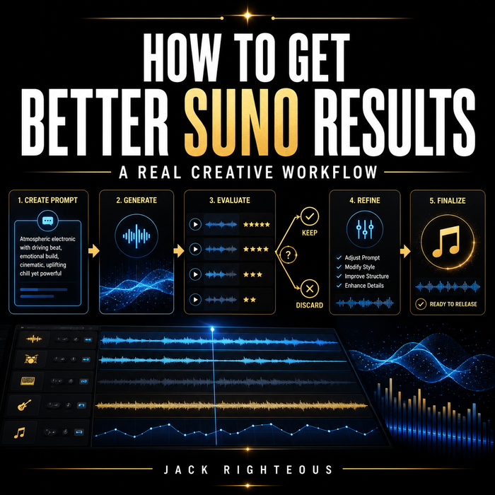 Infographic on how to get better SUNO results with a dark background and blue wave graphics.
