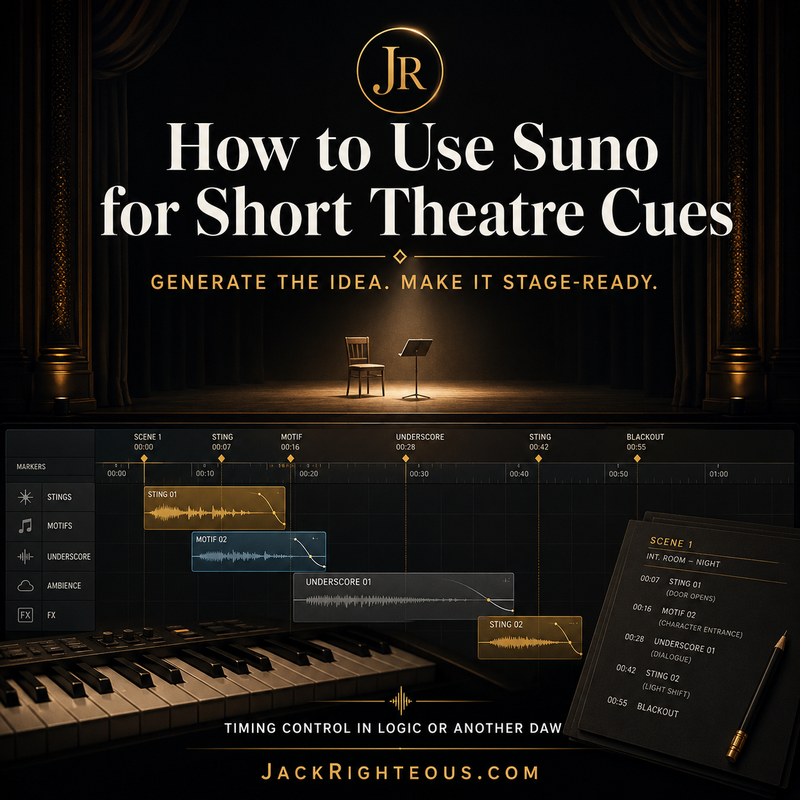 Suno theatre cue workflow with stage, DAW timeline, cue sheet, and timing control in Logic