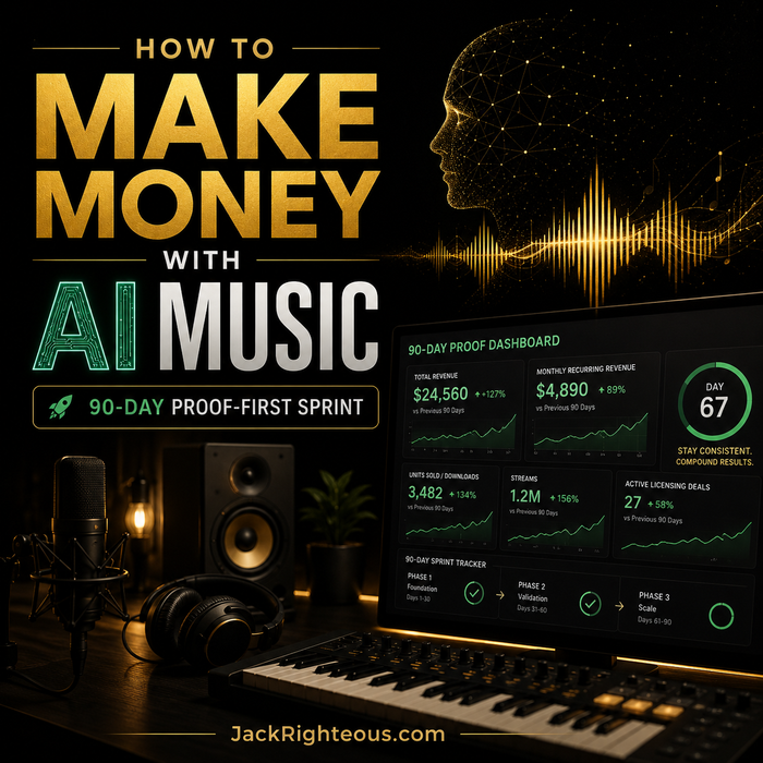 Promotional graphic for making money with AI music, featuring a computer screen, keyboard, and speakers.