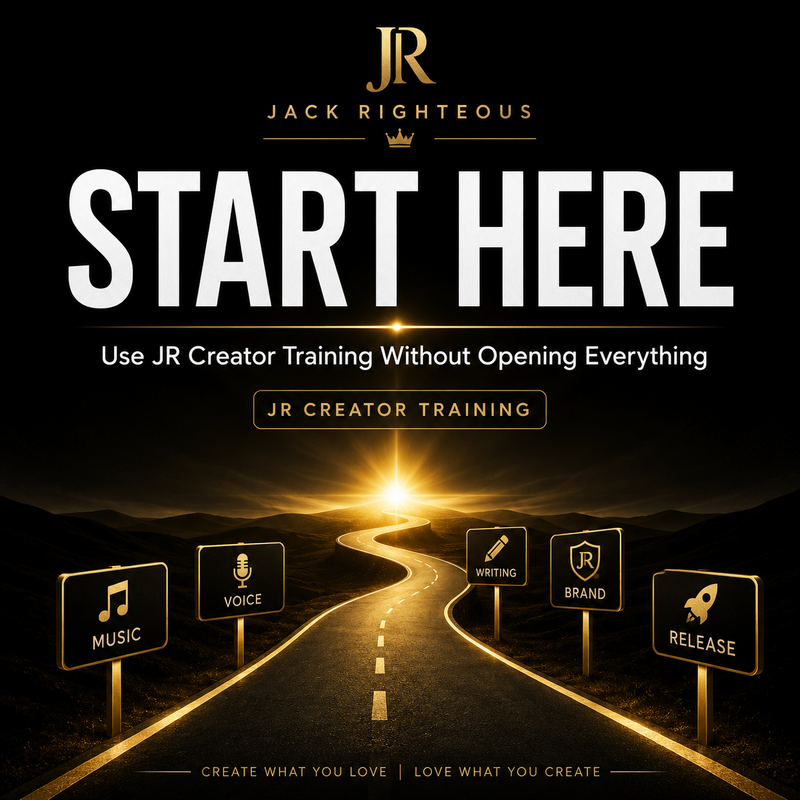Jack Righteous creator training start-here guide with a gold road leading toward music, voice, writing, brand, and release paths