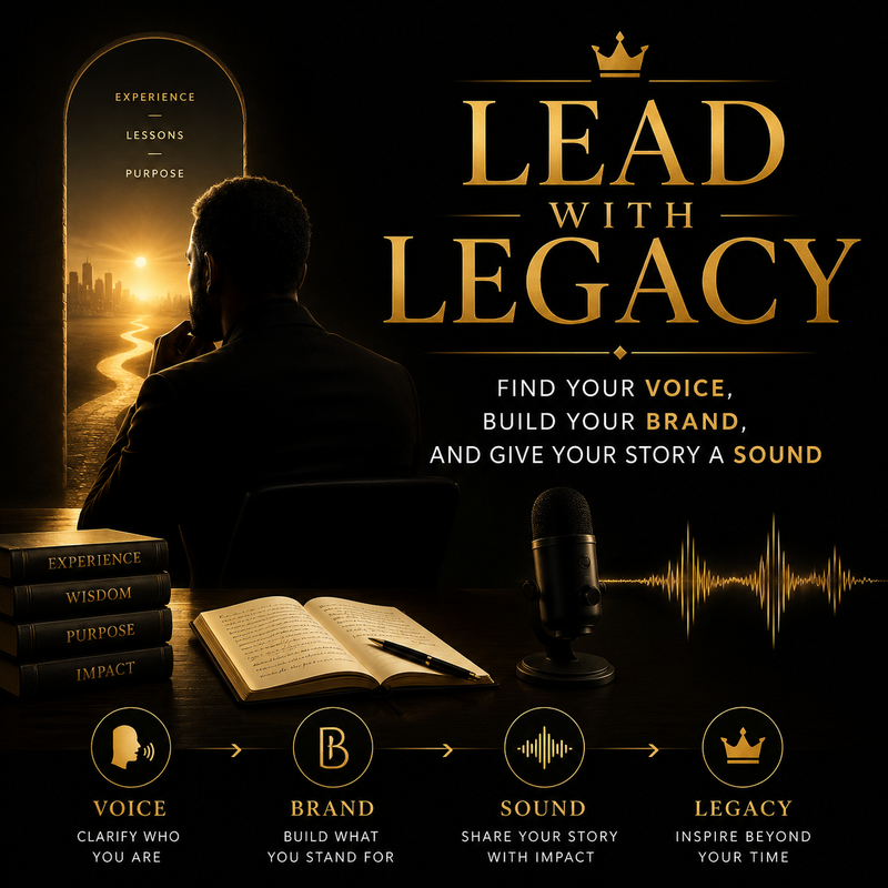 Man sitting at a desk with books and a microphone, with text about leading with legacy.