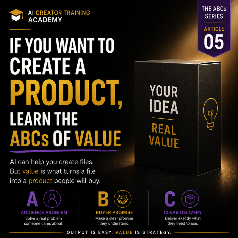 Promotional graphic for AI Creator Training Academy with text and a product box.