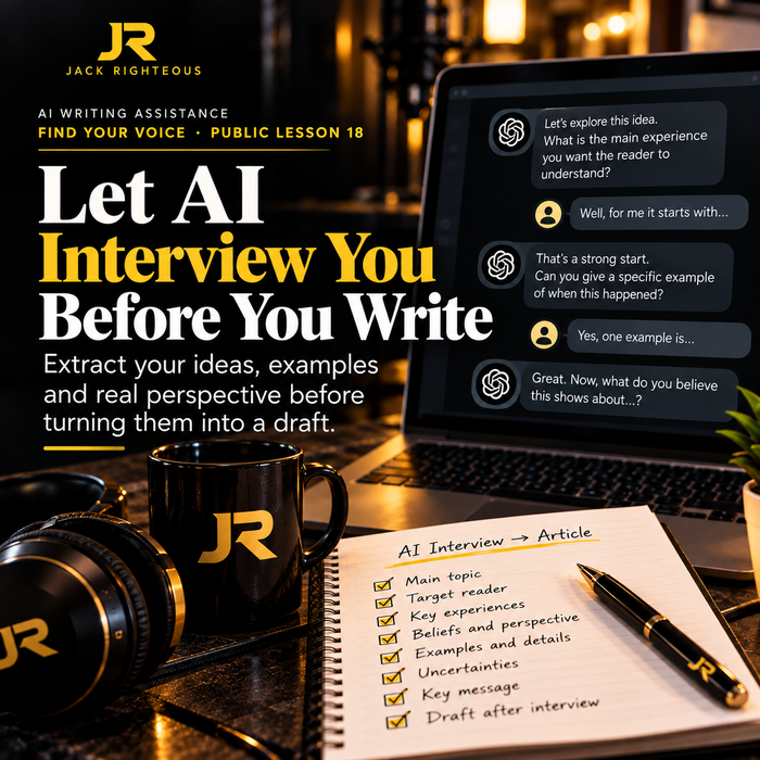 Jack Righteous AI writing lesson cover showing an AI interview before drafting and a notebook of questions.
