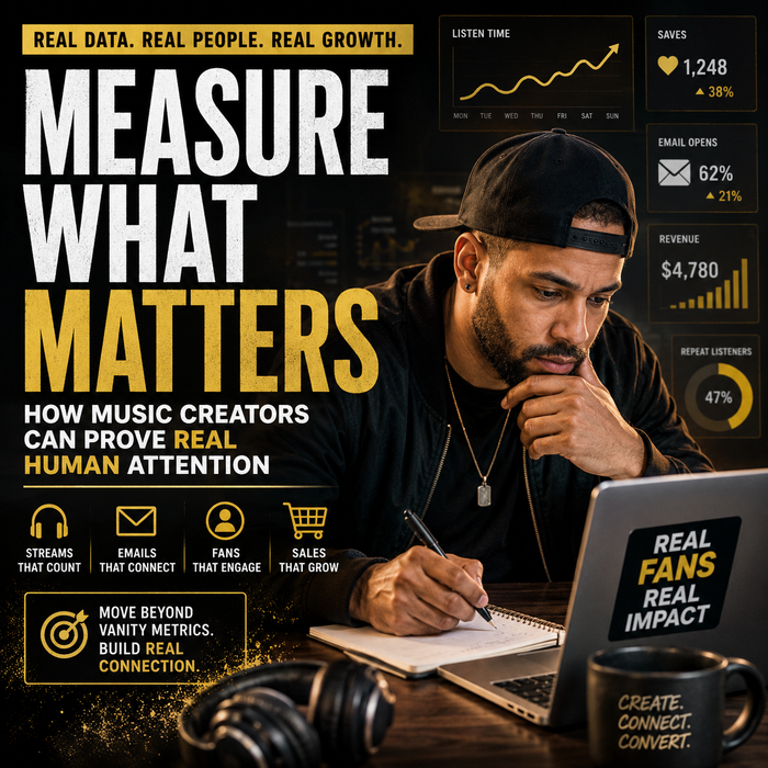 Man working on a laptop with promotional text about measuring music creator success.