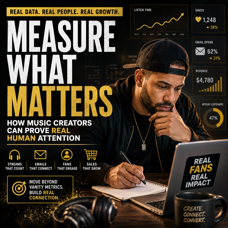 Man working on a laptop with promotional text about measuring music creator success.