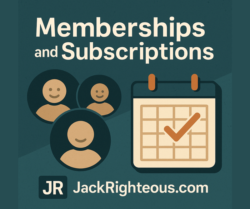 Cover art showing member icons and a calendar checkmark with JR and JackRighteous.com for a Shopify memberships guide.
