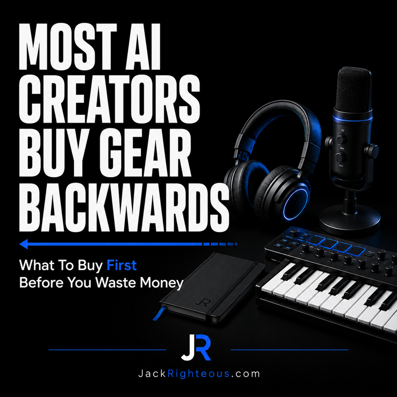 AI creator gear guide cover with headphones, microphone, MIDI keyboard, and bold article title