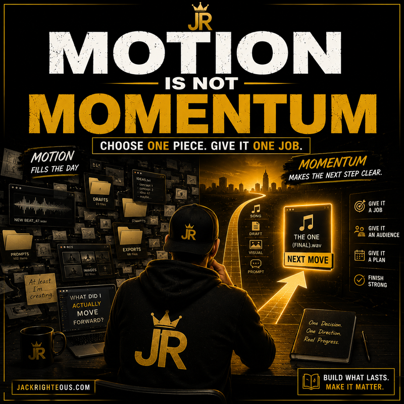 Promotional graphic with 'JR' branding and text about motion and momentum.