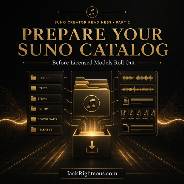 Promotional graphic for 'Prepare Your Suno Catalog' with digital file icons and text on a dark background.