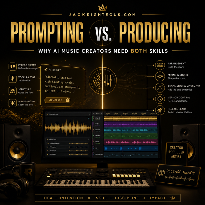 Infographic comparing 'Prompting' and 'Producing' in AI music creation with a music production interface.
