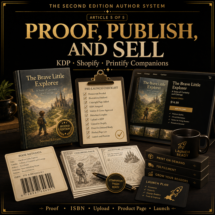 Promotional image for a book publishing system with books, checklist, and branding elements.