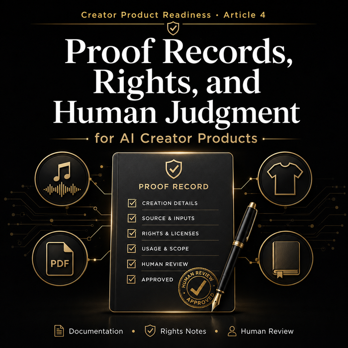 Poster titled 'Proof Records, Rights, and Human Judgment for AI Creator Products' with a checklist and pen on a dark background.