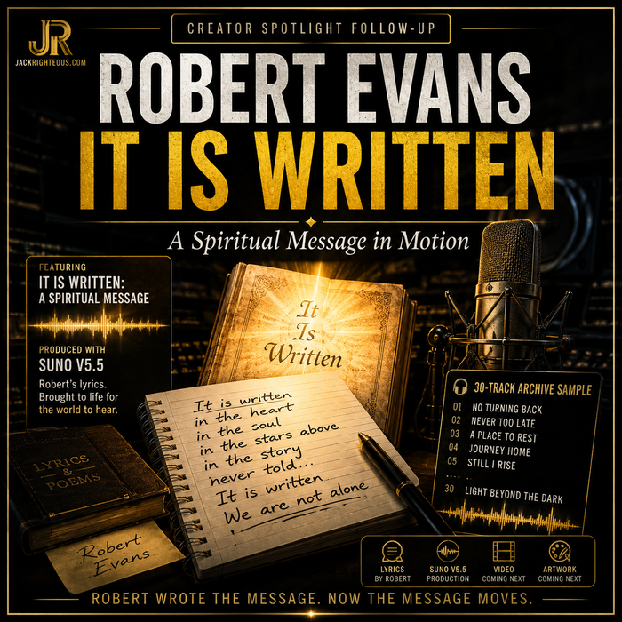 Robert Evans “It Is Written” Creator Spotlight cover with lyric sheet, microphone, Suno V5.5 production, and spiritual message theme.