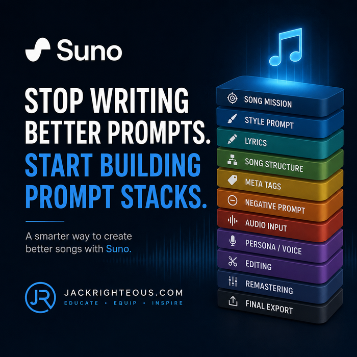 Square cover graphic for JackRighteous.com article showing a layered Suno prompt stack with song mission, style prompt, lyrics, structure, meta tags, negative prompt, audio input, persona voice, editing, remastering, and final export.