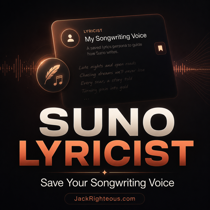 Suno Lyricist cover showing a saved songwriting voice feature with lyrics card and JackRighteous.com branding.