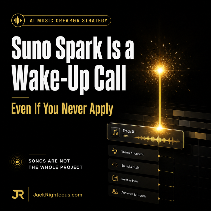 Suno Spark wake-up call cover image showing a glowing spark, AI music project workflow, and Jack Righteous branding with the message that songs are not the whole project.