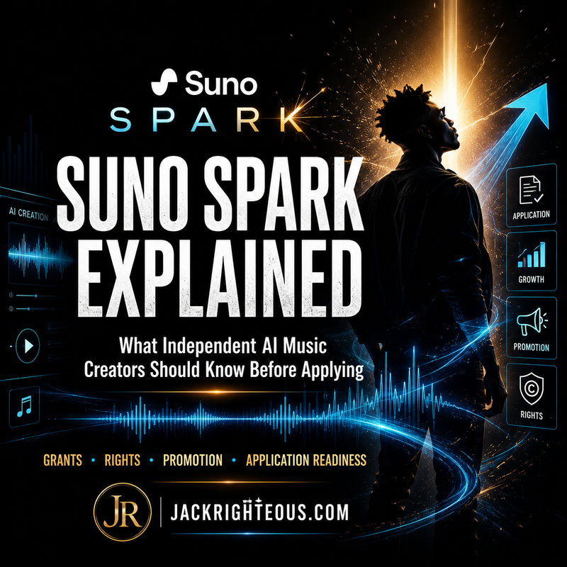 Suno Spark AI music creator guide cover showing artist, waveforms, rights, promotion, and application readiness.
