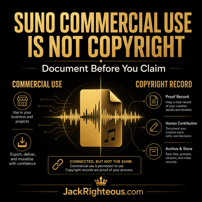 Infographic about commercial use and copyright on a black background with gold text and graphics.