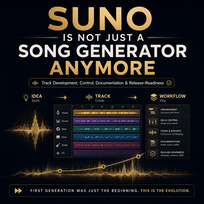 Promotional graphic for 'Suno' software with workflow diagram and text about track development and release-readiness.