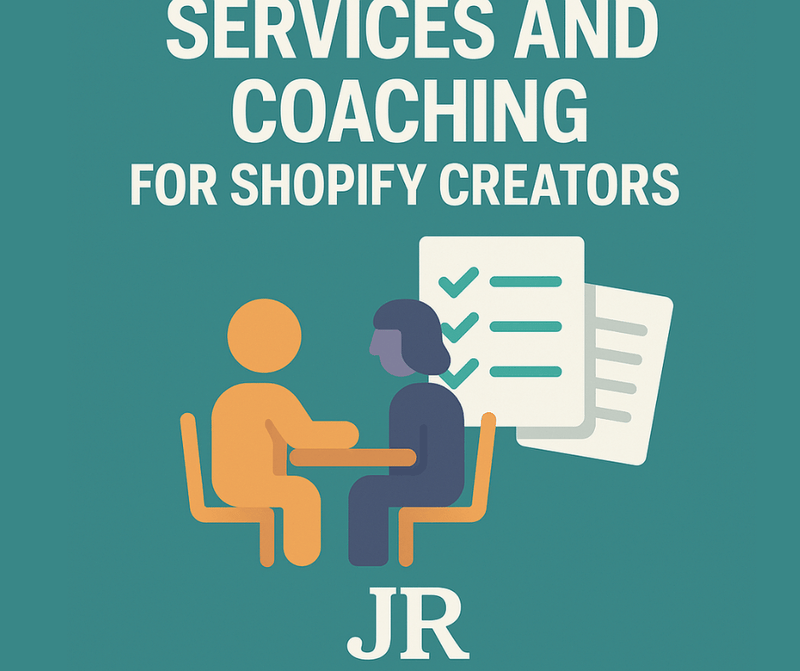 Cover showing two people in a coaching session with checklists, JR branding, and the title Services and Coaching for Shopify Creators.