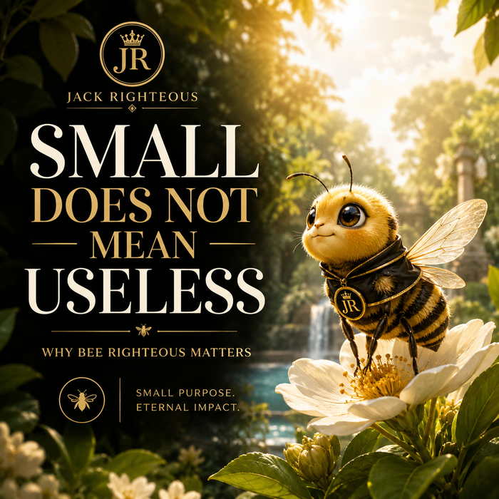 Toy bee on a flower with text about 'Small Does Not Mean Useless' by Jack Righteous.