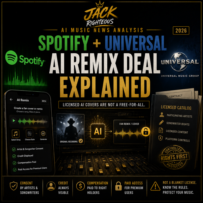 Promotional graphic about Spotify and Universal's AI remix deal with logos and text on a dark background.