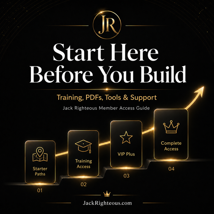 Promotional graphic for Jack Righteous' membership program with icons and text on a black background.