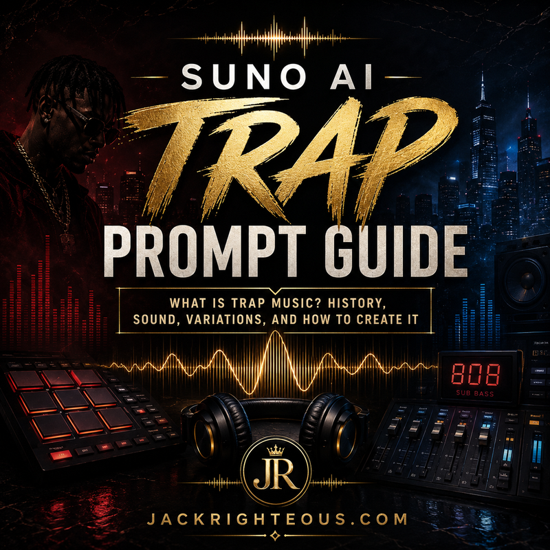 Promotional graphic for 'Suno AI Trap Prompt Guide' with music equipment and cityscape background.