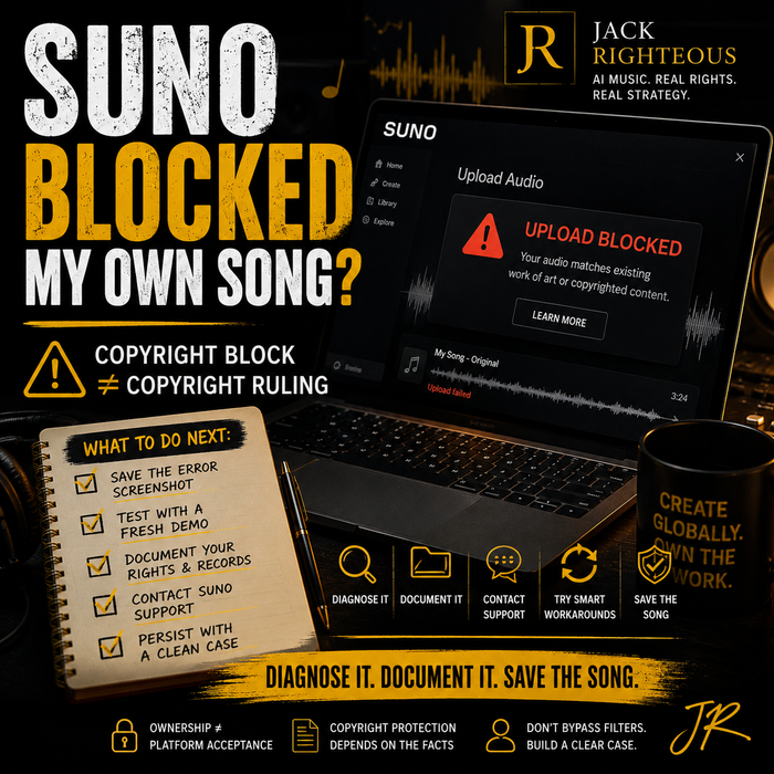 Laptop displaying copyright block error with text and branding on a dark background