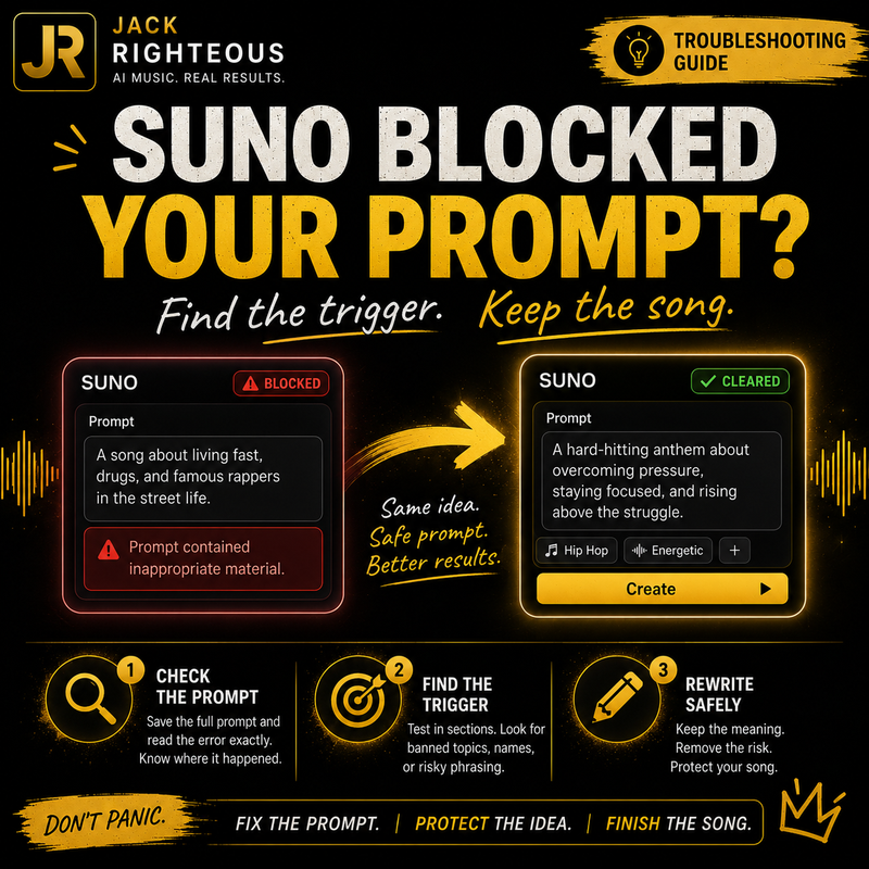 Suno prompt moderation troubleshooting guide for the Prompt Contained Inappropriate Material error