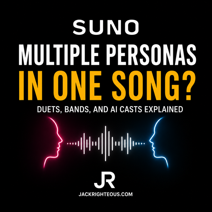 Suno AI duet and band workflow showing multiple vocal roles and Persona control