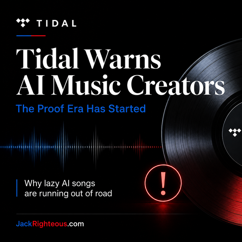 Editorial black square image reading Tidal Warns AI Music Creators, with a vinyl record, waveform, red warning icon, and JackRighteous.com branding.