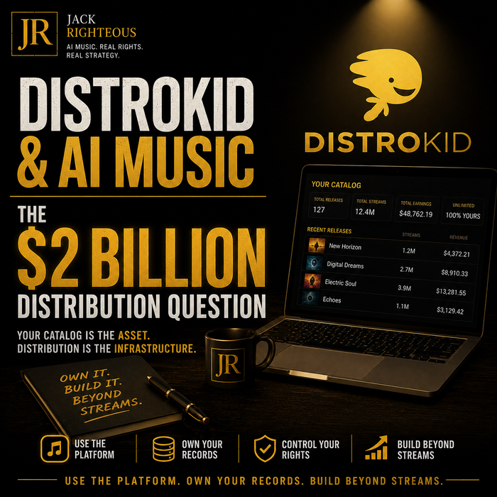 Promotional graphic for Distrokid and AI music with laptop, mug, and notebook on a dark background.