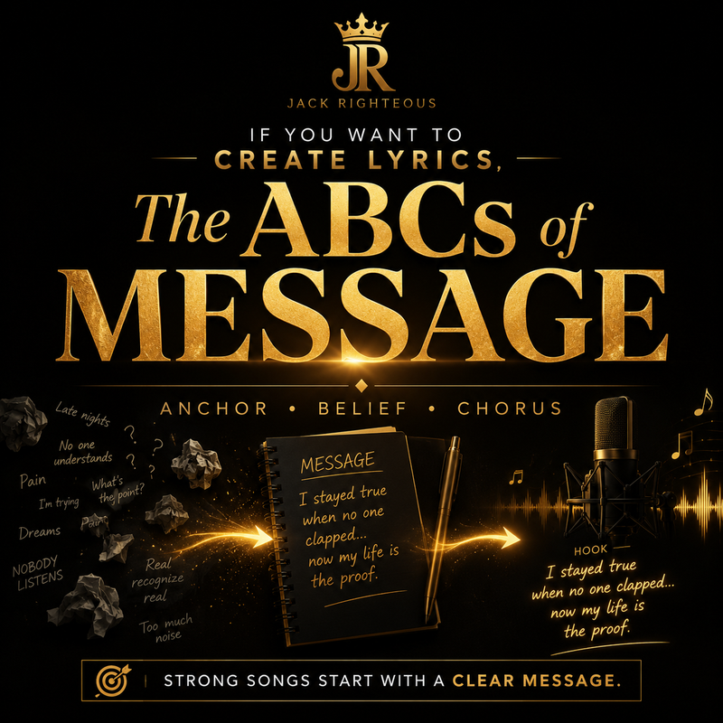 Promotional graphic for 'The ABCs of Message' by Jack Righteous with text and design elements on a dark background.