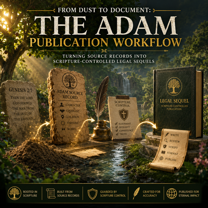 Promotional graphic for 'The Adam Publication Workflow' with stone tablets and books in a mystical setting.