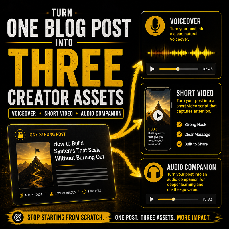 Promotional graphic for turning a blog post into three creator assets with voiceover, short video, and audio companion.