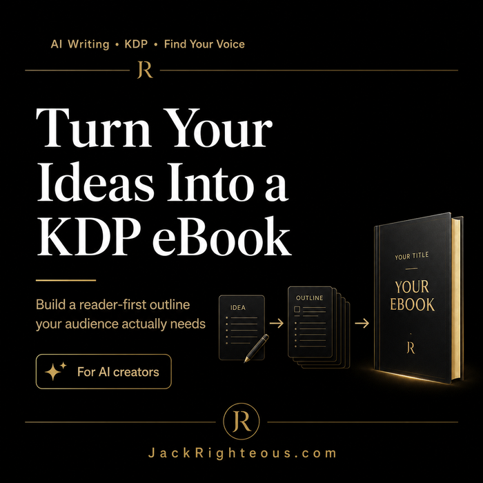 AI creator turns ideas into a reader-first KDP eBook outline with JackRighteous.com branding.