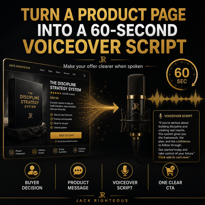 Promotional graphic for Jack Righeous' product page voiceover script service with a microphone and digital product display.