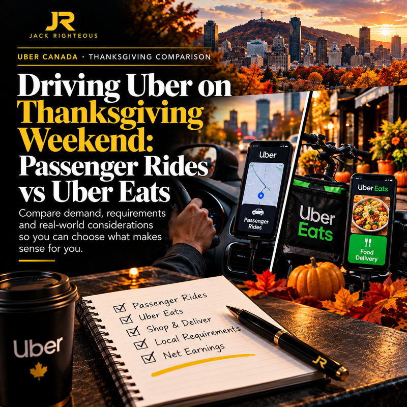 Jack Righteous Uber Canada Thanksgiving comparison cover illustrating passenger rides and Uber Eats food delivery.