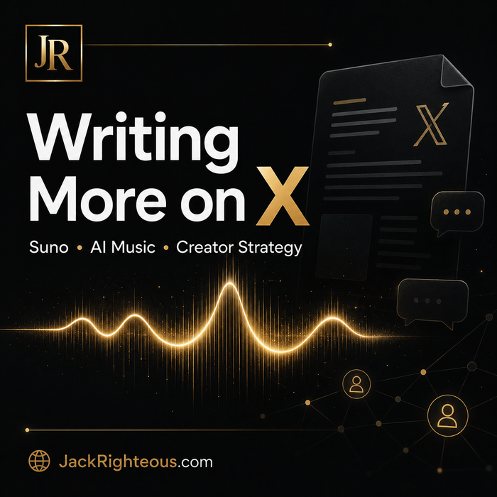 Jack Righteous branded cover image announcing a new X article series about Suno AI, AI music creator strategy, release readiness, loyalty rewards for X sharing, and the AI music industry.