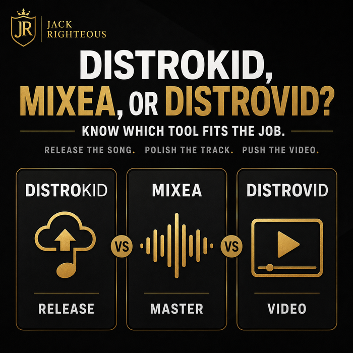 Comparison chart between Distrokid, Mixea, and Distrovid with icons and text on a black background.