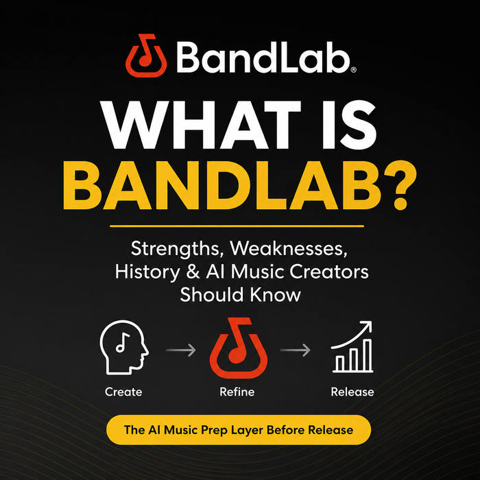 Promotional graphic about BandLab with text and icons on a black background
